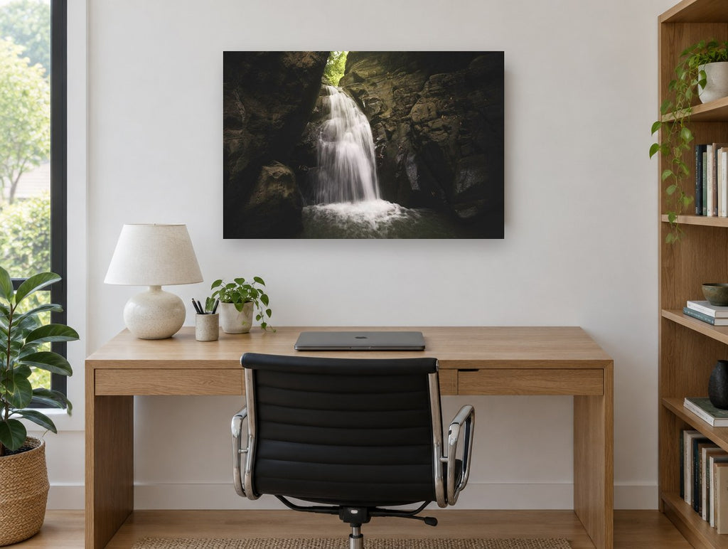 Hidden Gorge Falls landscape canvas print on the wall of a study