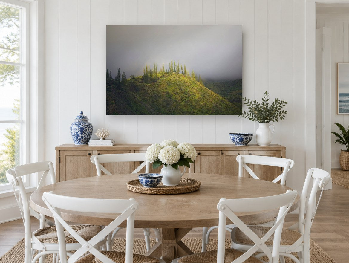 Pines on the Ridge landscape canvas print on the wall of a Hamptons dining room