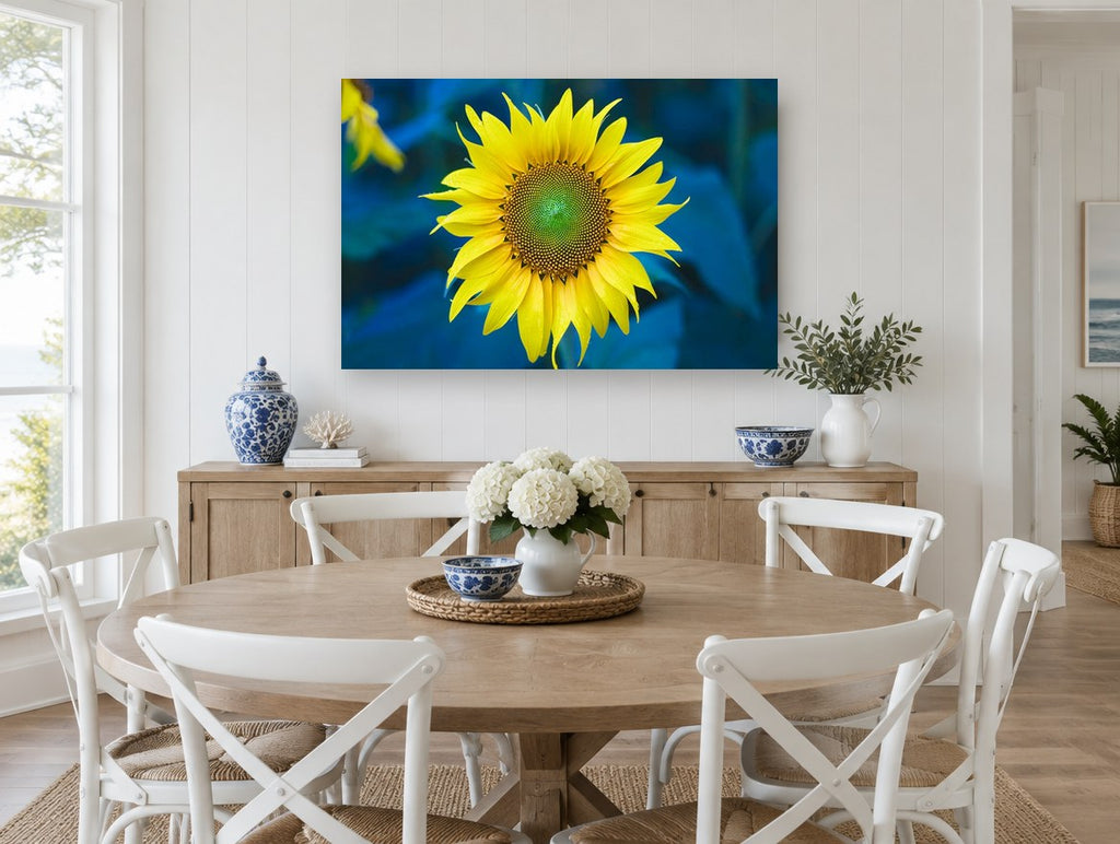 Sunflower Against Blue floral canvas print on the wall of a Hamptons dining room