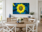 Sunflower Against Blue floral canvas print on the wall of a Hamptons dining room