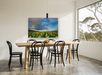 Rainbow Over Sunflowers floral canvas print on the wall of a dining room