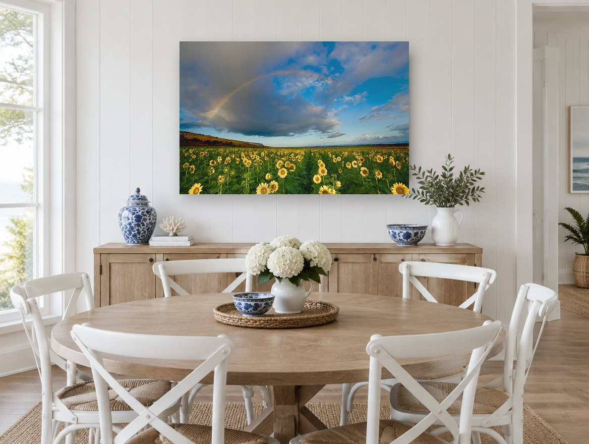 Rainbow Over Sunflowers floral canvas print on the wall of a Hamptons dining room