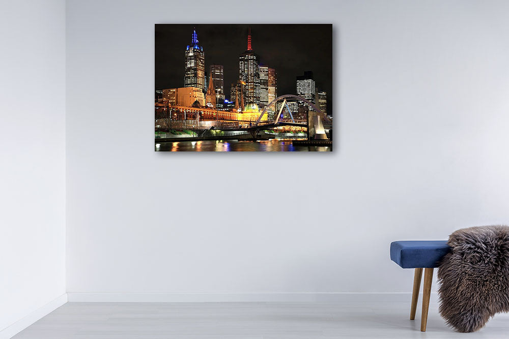 Melbourne City Lights Wall Art Print on the wall