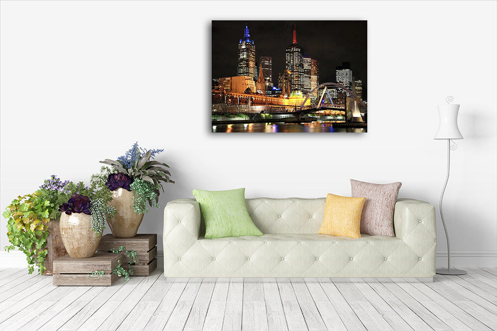 Melbourne City Lights Wall Art Print on the wall