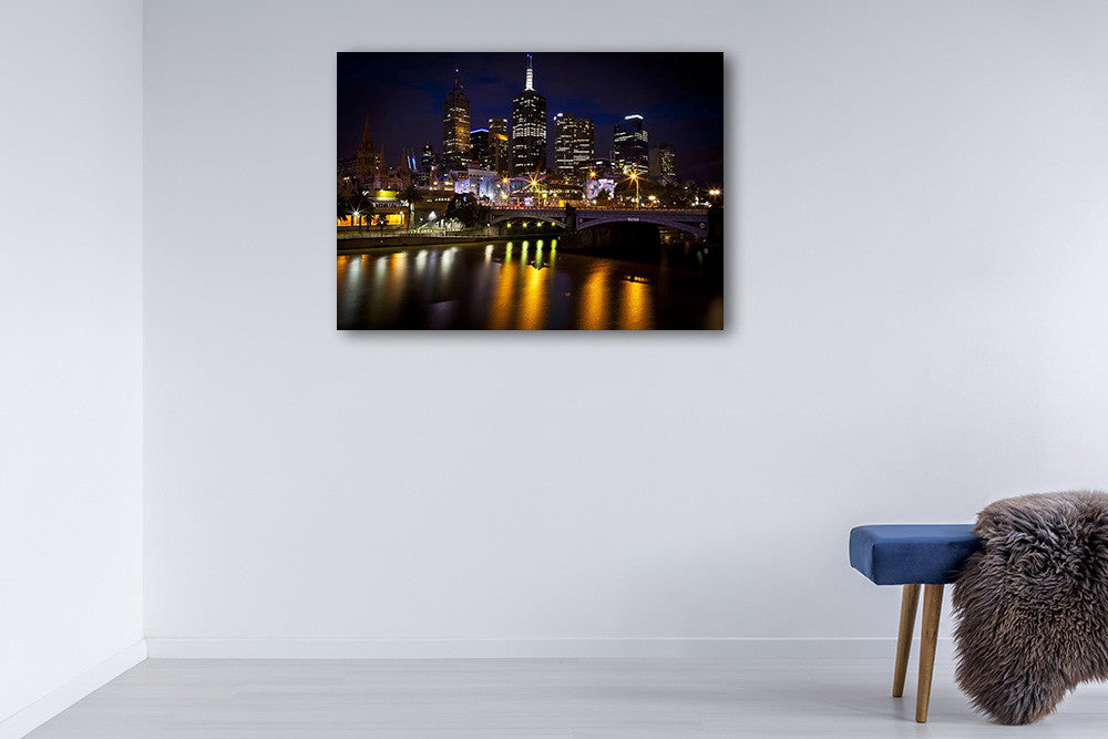 Melbourne Skyline at Night Wall Print on the wall