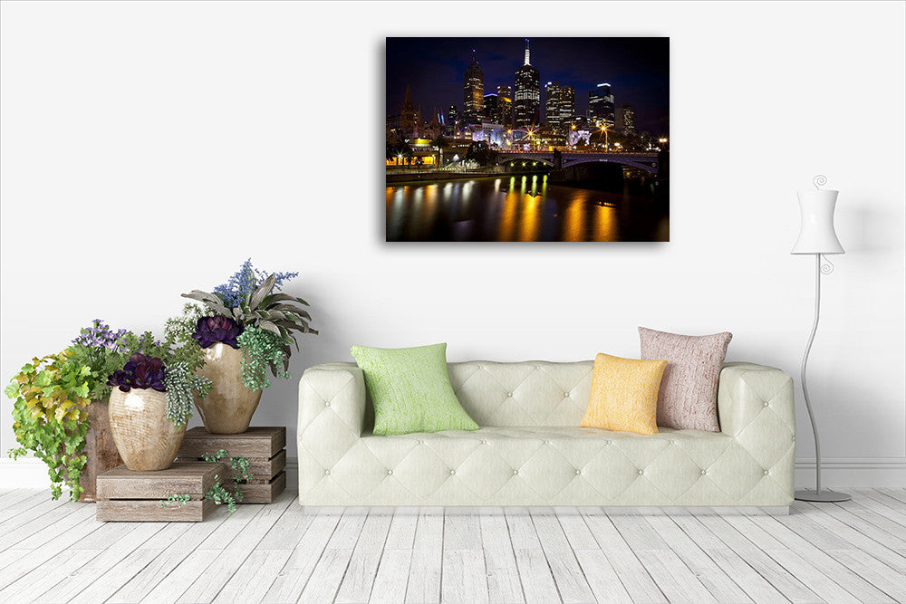 Melbourne Skyline at Night Wall Print on the wall