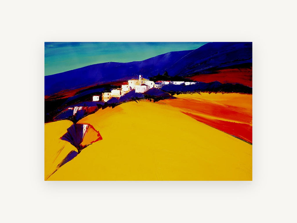 Golden Hillside Village, golden hillside village abstract landscape, landscape canvas wall art print, front view