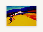 Golden Hillside Village, golden hillside village abstract landscape, landscape canvas wall art print, front view