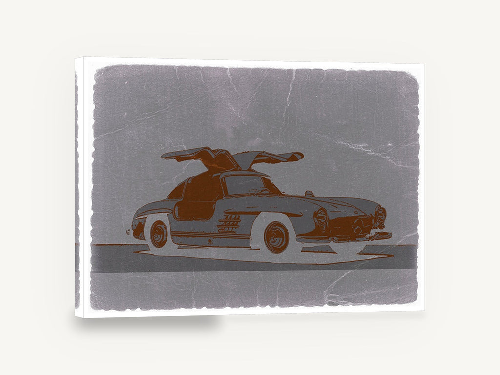 Gullwing in Grey, retro gullwing sports car, stretched canvas wall art print ready to hang