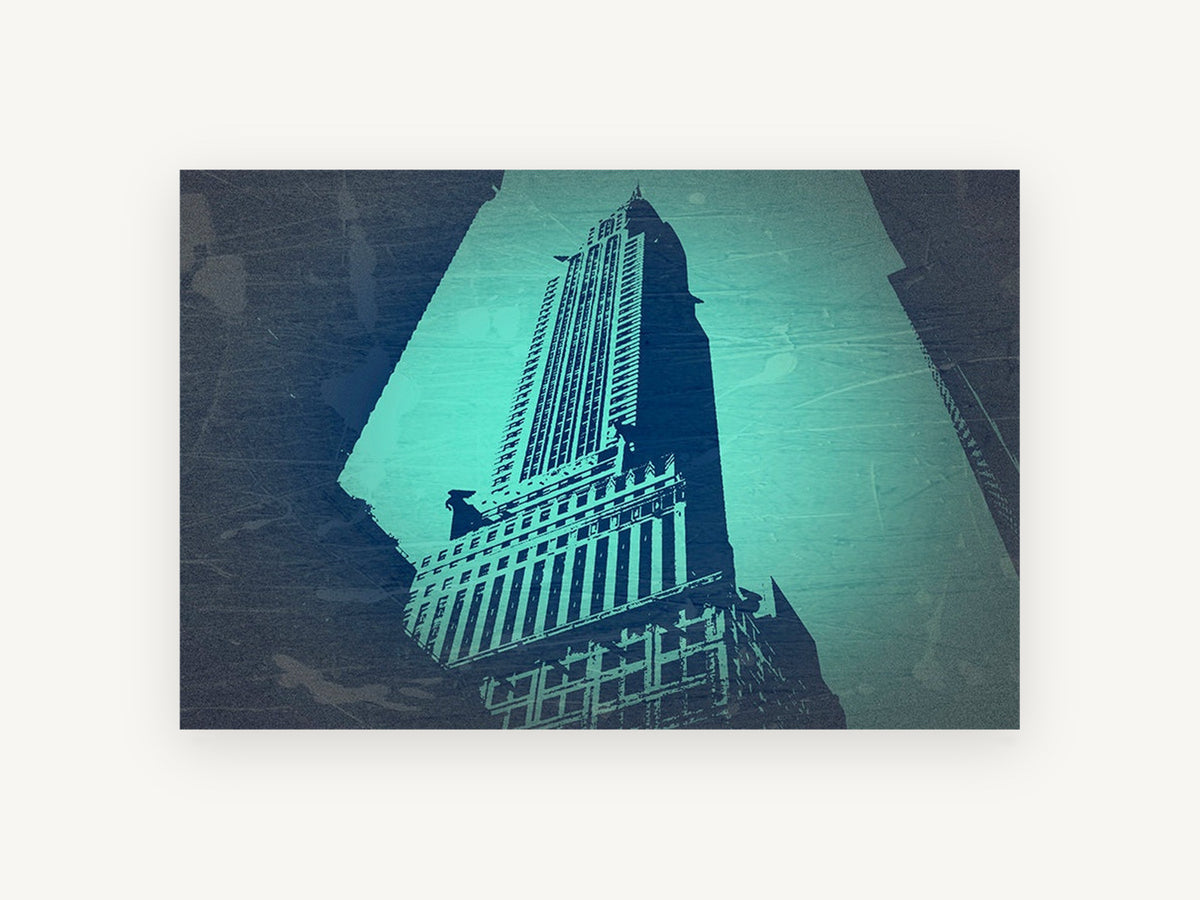 Teal Chrysler Spire, chrysler building teal graphic, city canvas wall art print, front view