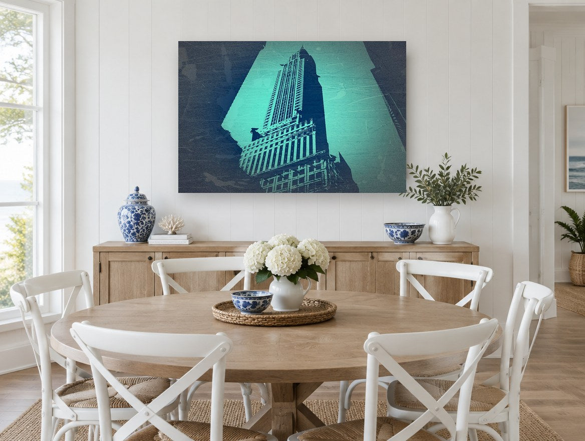 Teal Chrysler Spire city canvas print on the wall of a Hamptons dining room