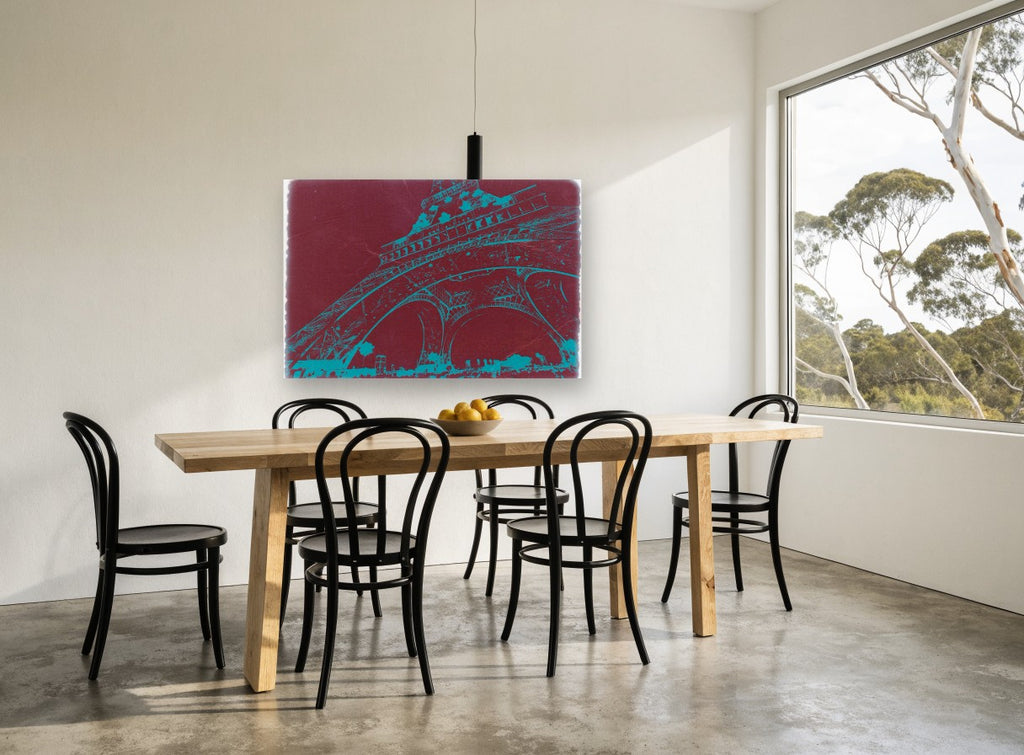 Teal Tower on Burgundy city canvas print on the wall of a dining room