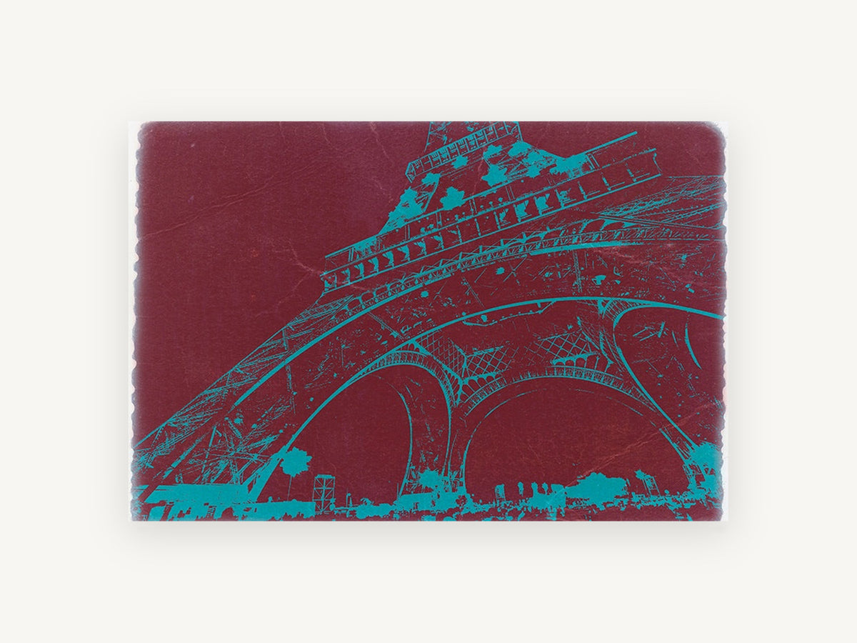 Teal Tower on Burgundy, eiffel tower teal and burgundy, city canvas wall art print, front view