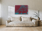 Teal Tower on Burgundy city canvas print on the wall of a living room