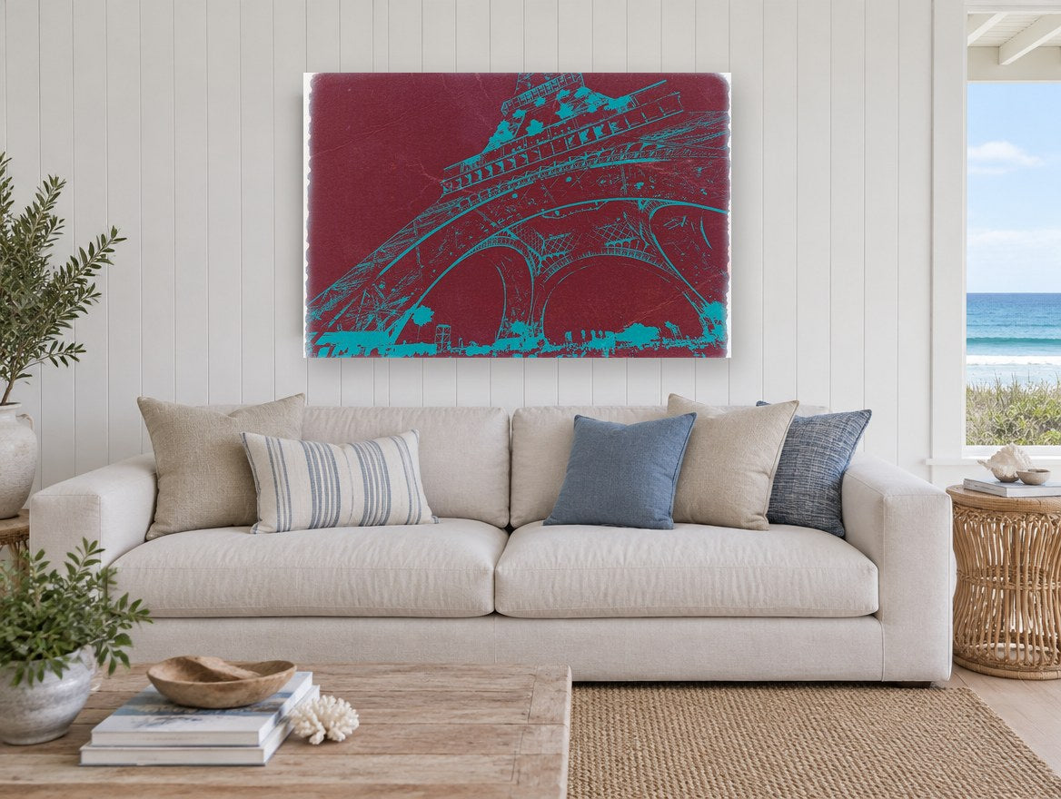 Teal Tower on Burgundy city canvas print on the wall of a beach house living room