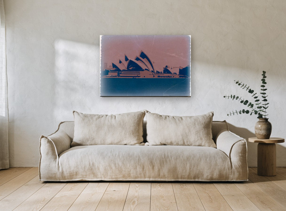 Opera House Faded Dusk city canvas print on the wall of a living room