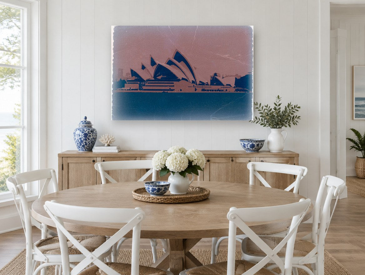 Opera House Faded Dusk city canvas print on the wall of a Hamptons dining room