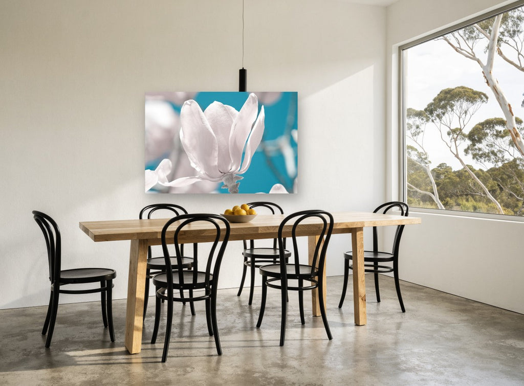White Magnolia Against Teal floral canvas print on the wall of a dining room