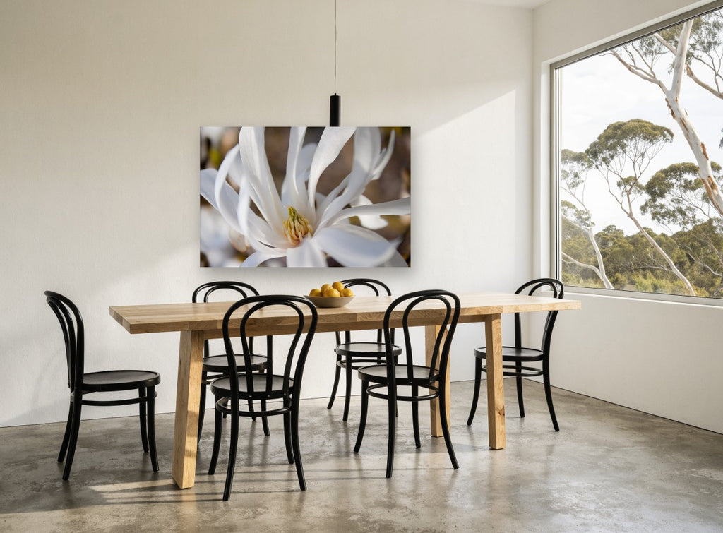 White Star Magnolia floral canvas print on the wall of a dining room