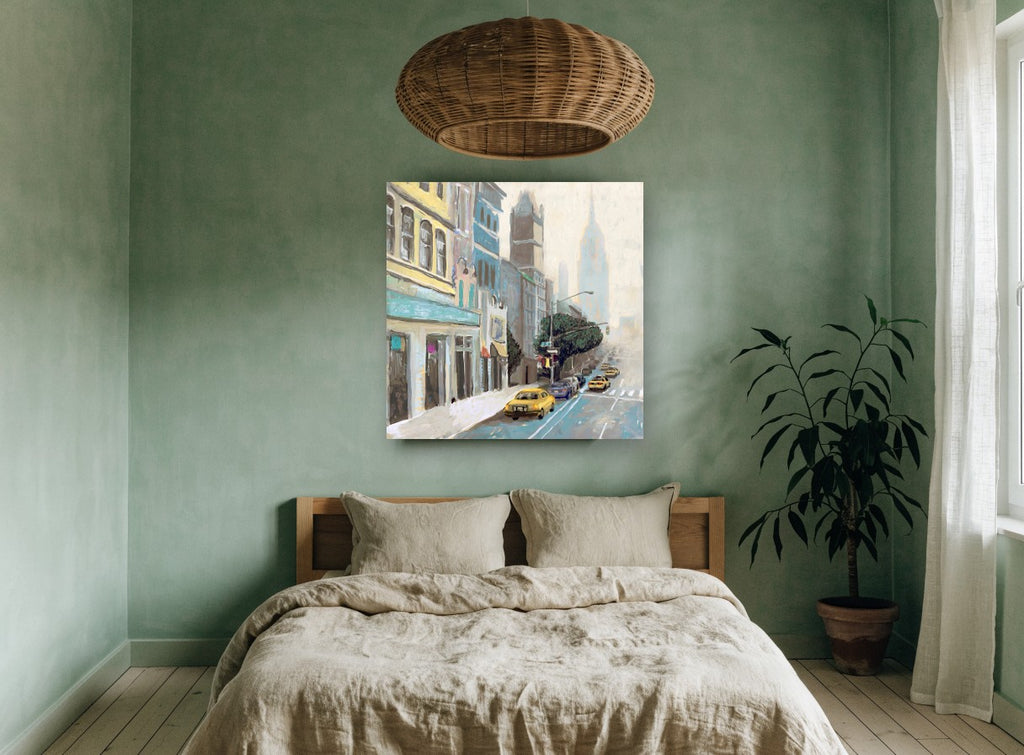 Misty Avenue Cabs city canvas print on the wall of a bedroom