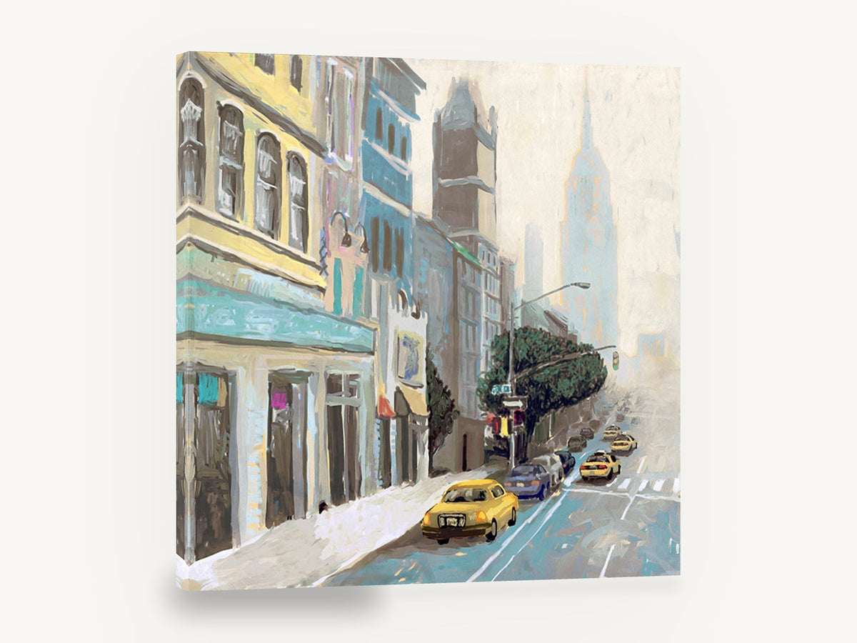 Misty Avenue Cabs, new york street scene taxi illustration, city canvas wall art print ready to hang