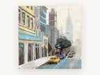Misty Avenue Cabs, new york street scene taxi illustration, city canvas wall art print, front view