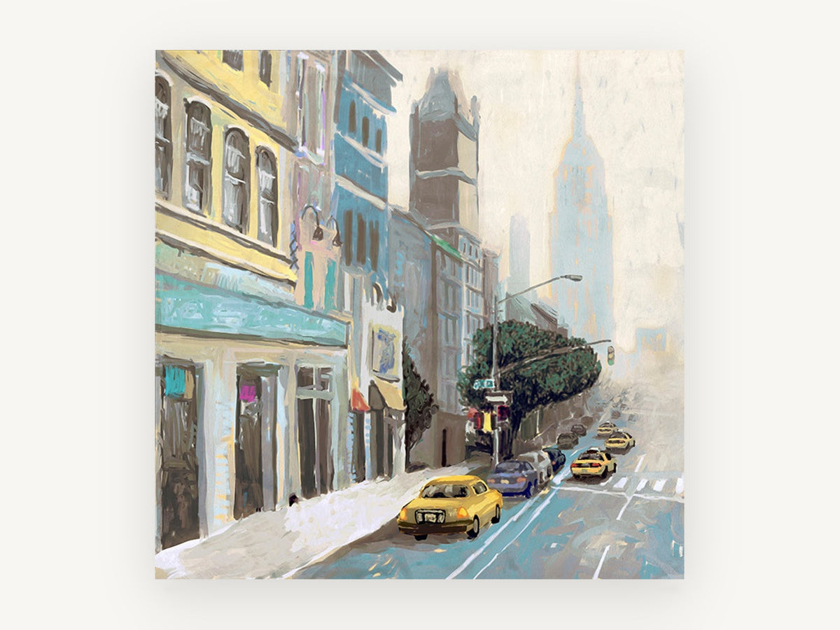 Misty Avenue Cabs, new york street scene taxi illustration, city canvas wall art print, front view