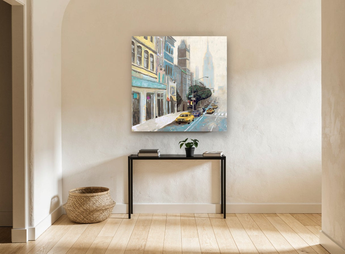 Misty Avenue Cabs city canvas print on the wall of a hallway