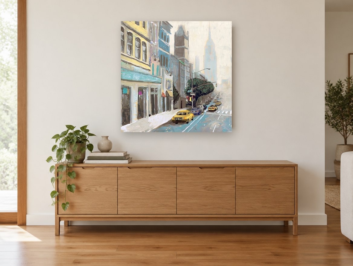 Misty Avenue Cabs city canvas print on the wall of a living room above a sideboard