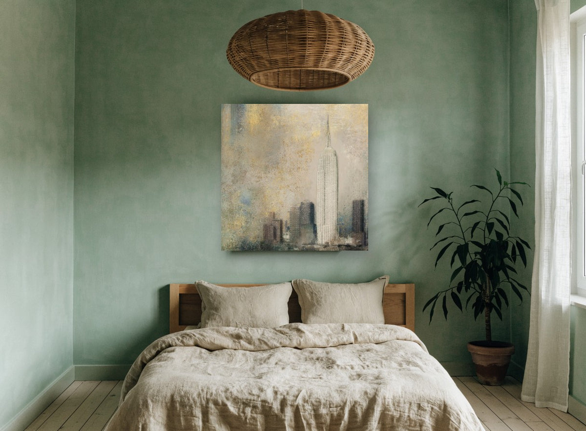 Gilded Empire Haze city canvas print on the wall of a bedroom