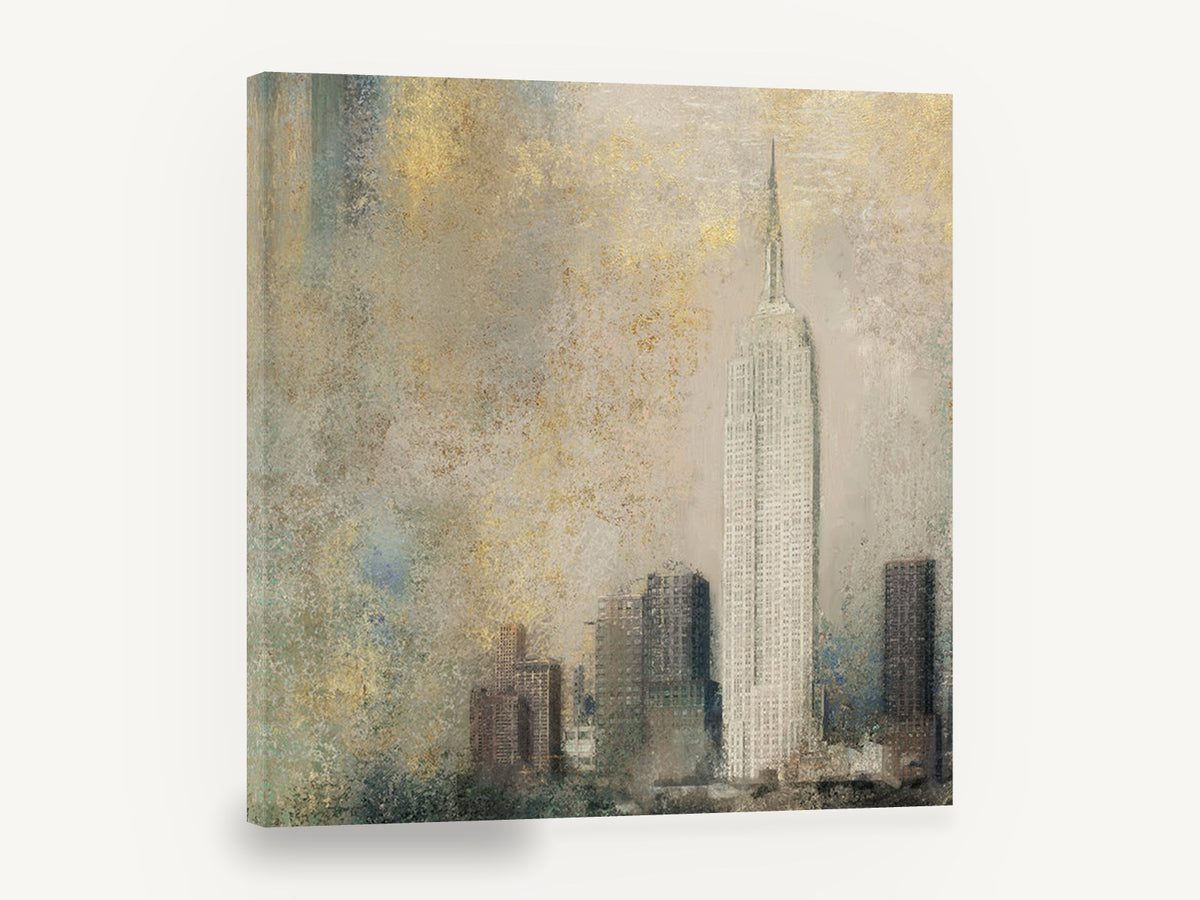Gilded Empire Haze, empire state building gold mist artwork, city canvas wall art print ready to hang