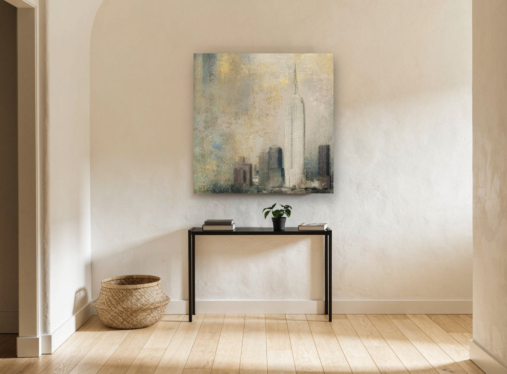 Gilded Empire Haze city canvas print on the wall of a hallway