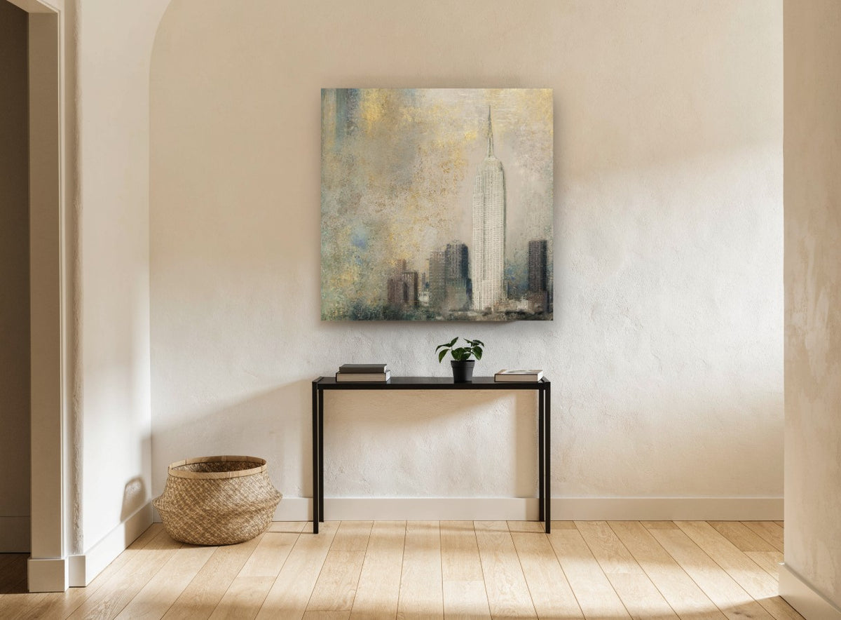 Gilded Empire Haze city canvas print on the wall of a hallway