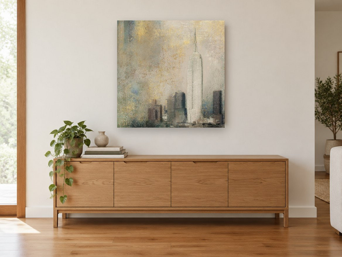 Gilded Empire Haze city canvas print on the wall of a living room above a sideboard