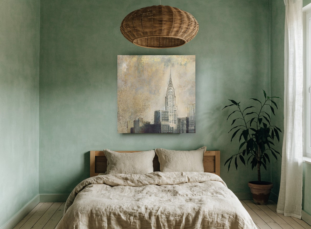 Gilded Chrysler Haze city canvas print on the wall of a bedroom