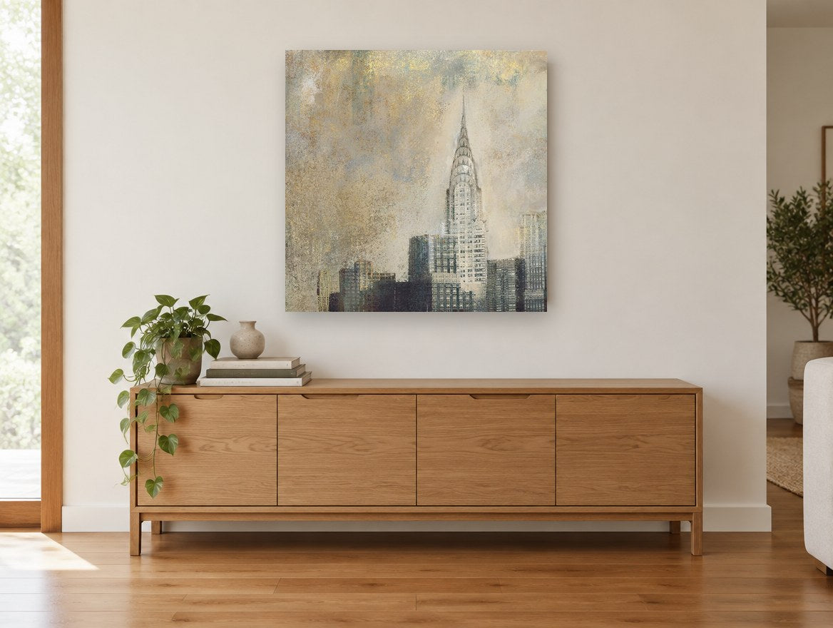 Gilded Chrysler Haze city canvas print on the wall of a living room above a sideboard