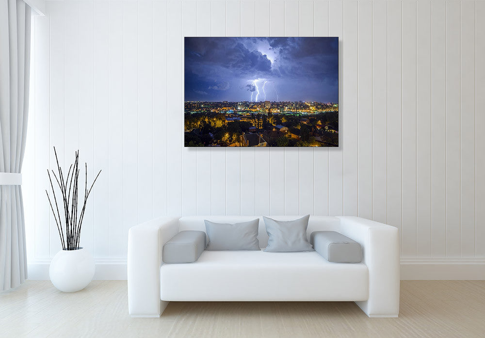 Night City Lightning Wall Art Print on the wall
