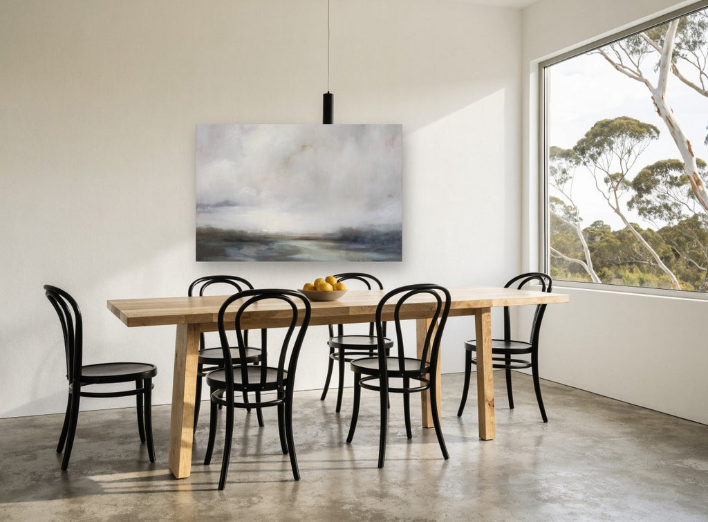 Pale Marsh Light landscape canvas print on the wall of a dining room