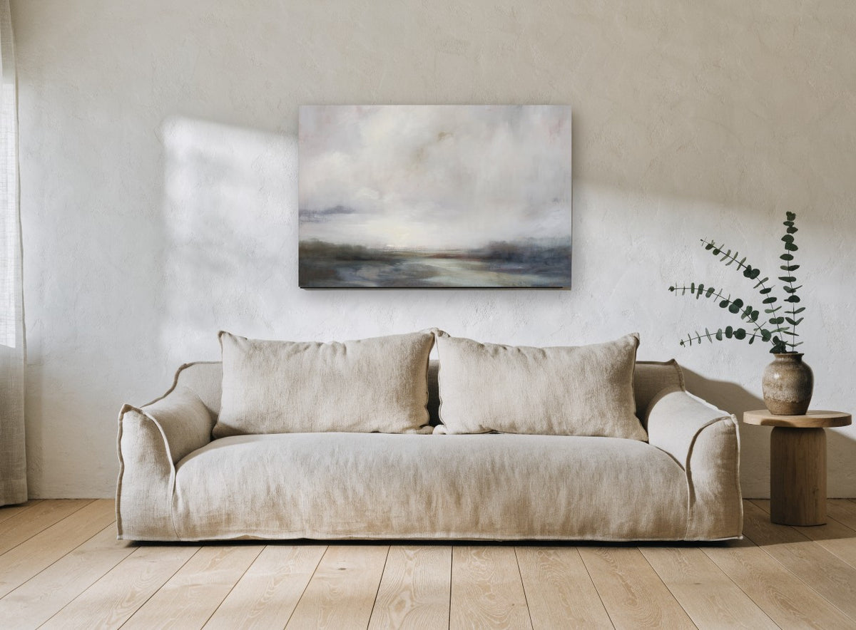 Pale Marsh Light landscape canvas print on the wall of a living room