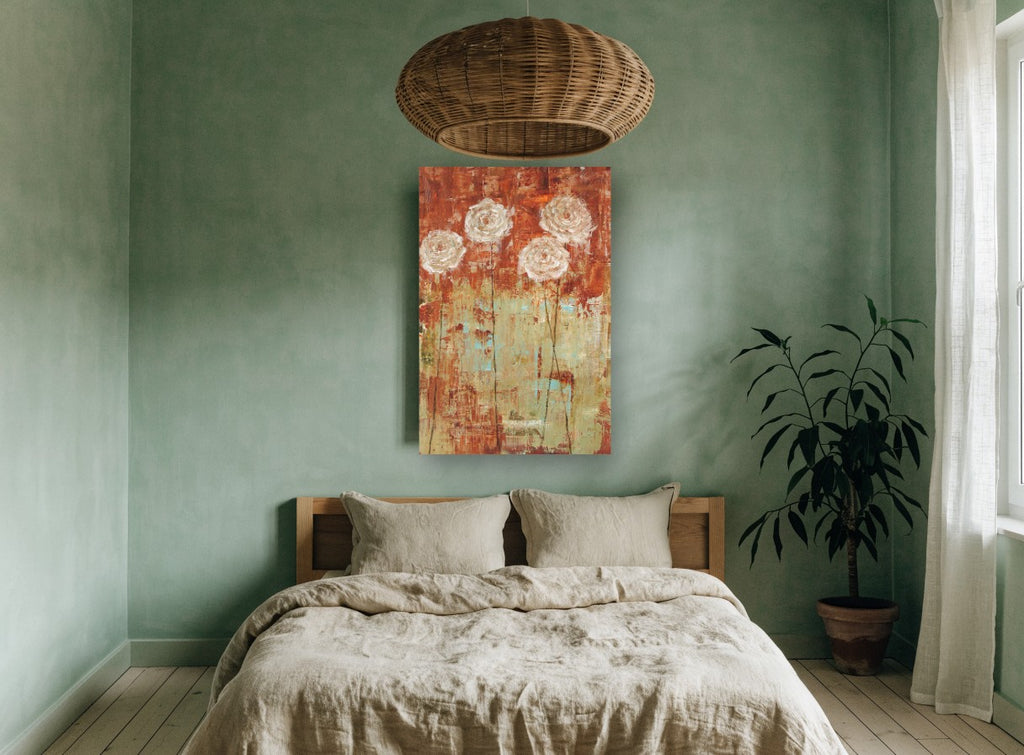 Rust and Sage Roses floral canvas print on the wall of a bedroom