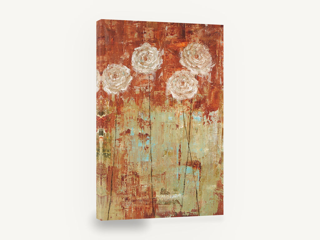 Rust and Sage Roses, white roses rust textured abstract, floral canvas wall art print ready to hang