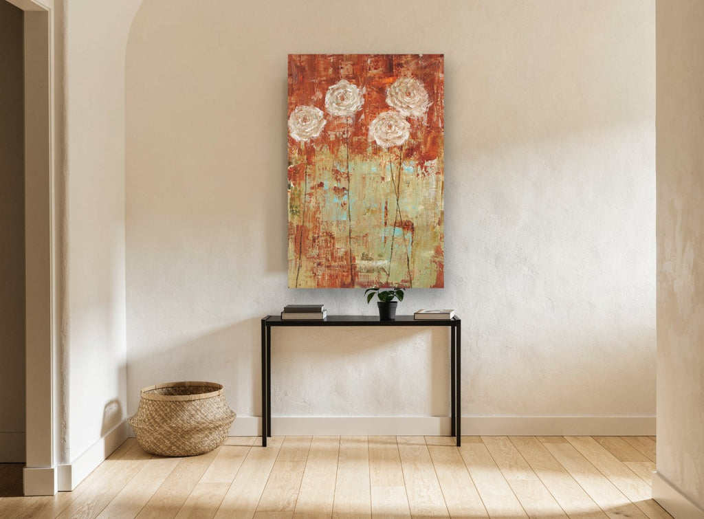 Rust and Sage Roses floral canvas print on the wall of a hallway