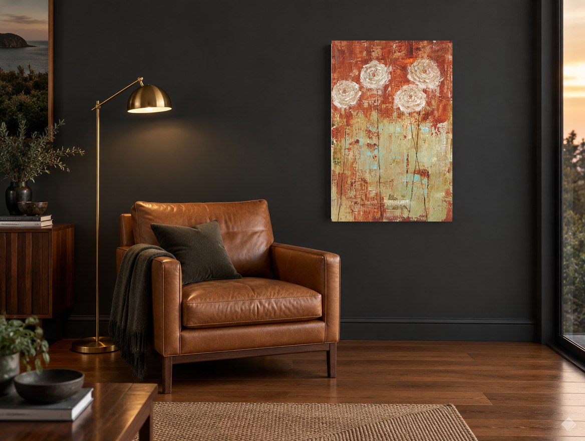 Rust and Sage Roses floral canvas print on the wall of a charcoal living room
