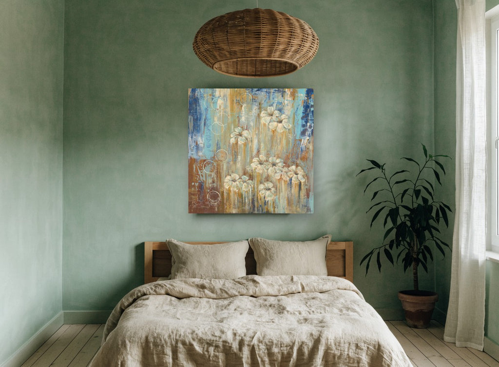 Cream Blooms in Rain floral canvas print on the wall of a bedroom