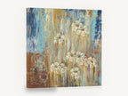 Cream Blooms in Rain, white flowers abstract blue brown painting, floral canvas wall art print ready to hang