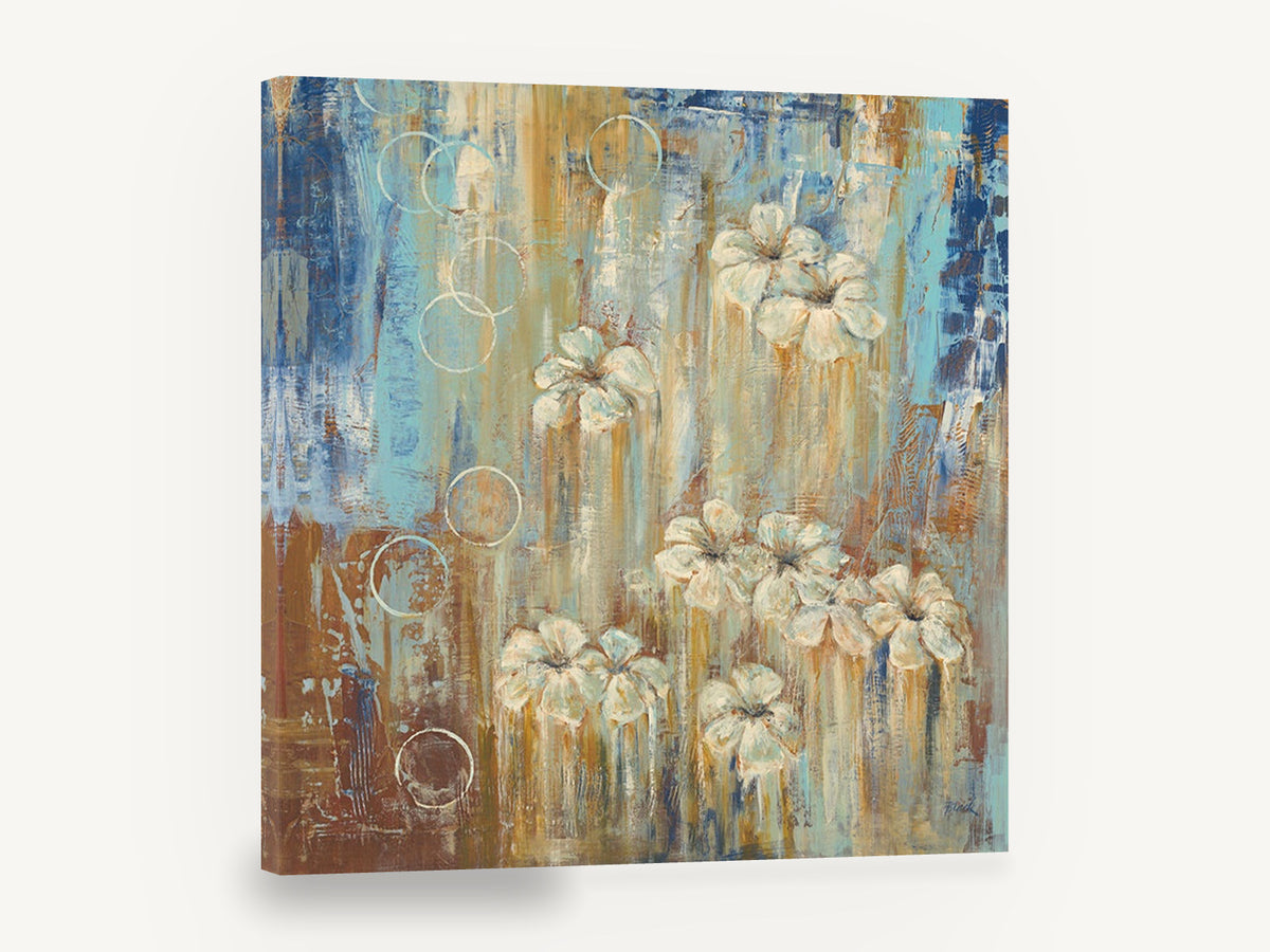 Cream Blooms in Rain, white flowers abstract blue brown painting, floral canvas wall art print ready to hang