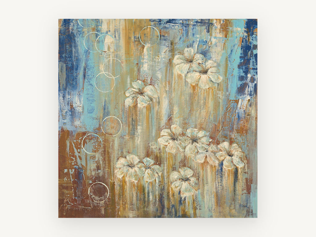 Cream Blooms in Rain, floral canvas wall art print, front view