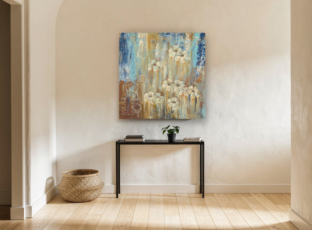 Cream Blooms in Rain floral canvas print on the wall of a hallway