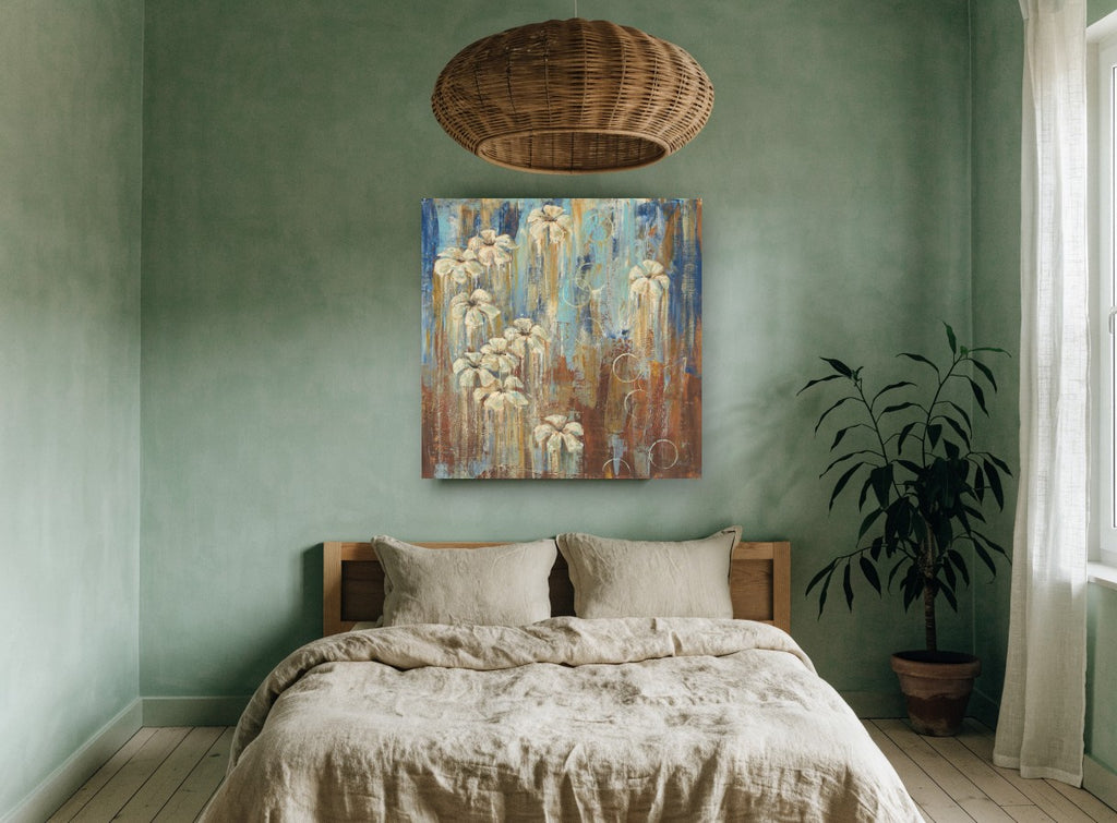 Cream Blooms in Rust Rain floral canvas print on the wall of a bedroom