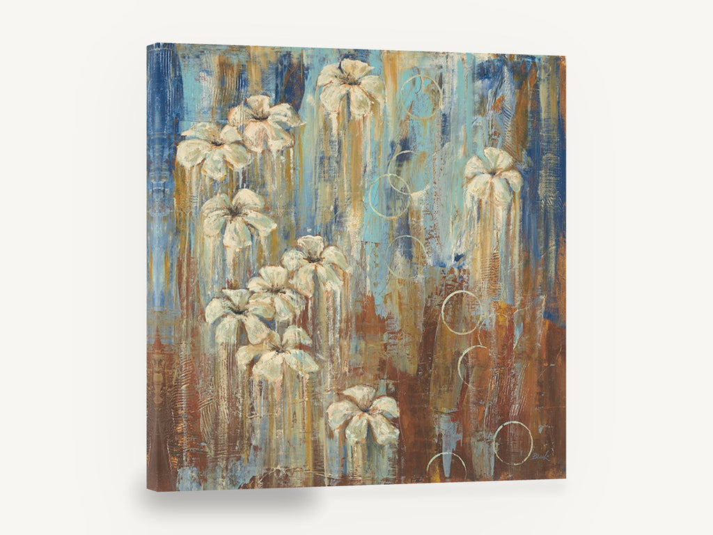 Cream Blooms in Rust Rain, white flowers abstract blue rust painting, floral canvas wall art print ready to hang